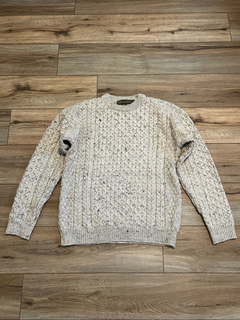 Inis Crafts 100% Merino Wool Irish Fisherman Cable Knit Sweater Oatmeal Fleck XL